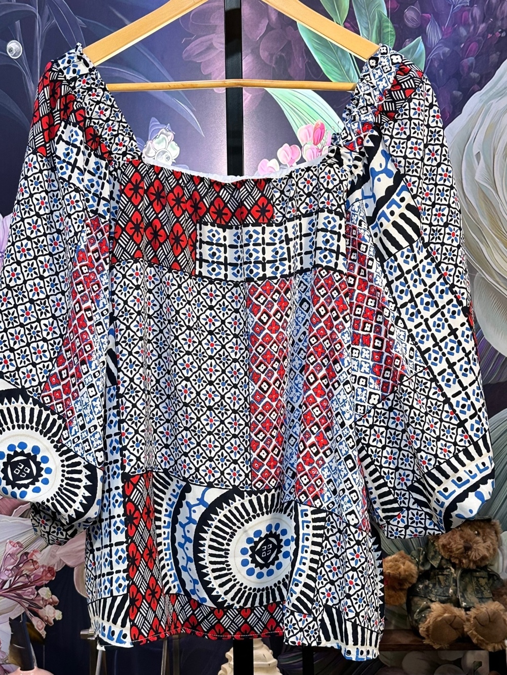 Cato L Patchwork Tile Print Blouse Square Neck Puff Sleeve Boho Artsy Multicolor
